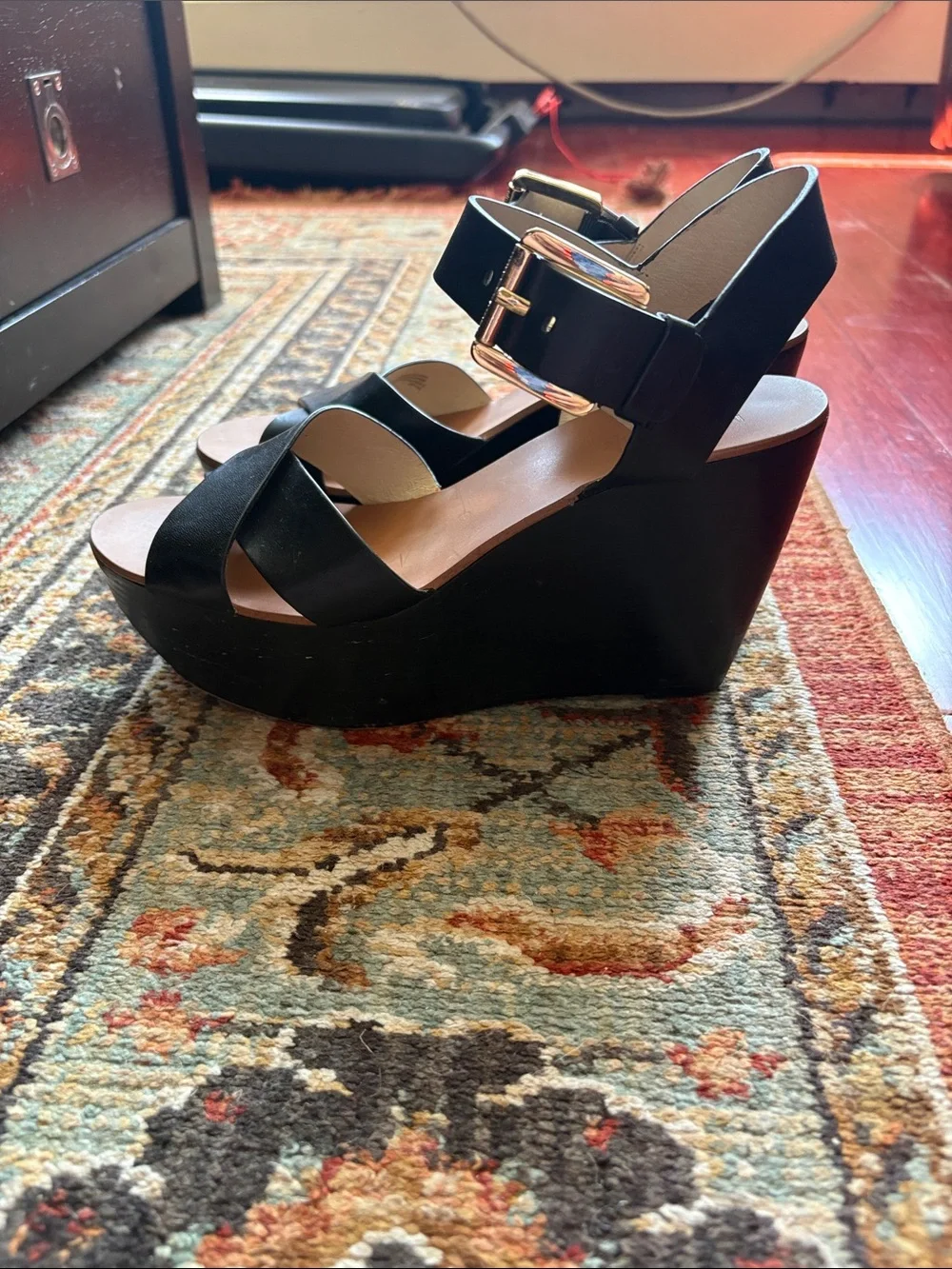 Michael Kors Black Crisscross Wedge Sandals with Gold Buckle